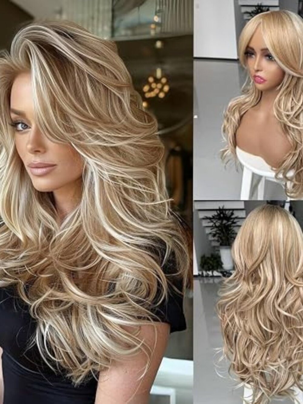Platinum Blonde Highlight Ombre Light Brown Wig Long Wavy Layererd Wigs